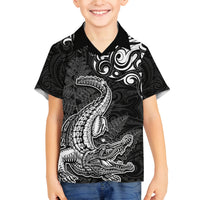 New Zealand Crocodile Tattoo and Fern Family Matching Off Shoulder Short Dress and Hawaiian Shirt Maori Pattern LT03 Son's Shirt Black - Polynesian Pride