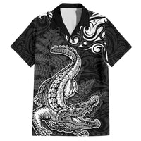 New Zealand Crocodile Tattoo and Fern Family Matching Puletasi and Hawaiian Shirt Maori Pattern LT03 Dad's Shirt - Short Sleeve Black - Polynesian Pride