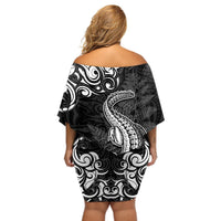 New Zealand Crocodile Tattoo and Fern Off Shoulder Short Dress Maori Pattern LT03 - Polynesian Pride