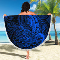 New Zealand Crocodile Tattoo and Fern Beach Blanket Maori Pattern Blue Color