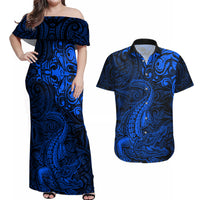 New Zealand Crocodile Tattoo and Fern Couples Matching Off Shoulder Maxi Dress and Hawaiian Shirt Maori Pattern Blue Color LT03 Blue - Polynesian Pride