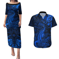 New Zealand Crocodile Tattoo and Fern Couples Matching Puletasi and Hawaiian Shirt Maori Pattern Blue Color