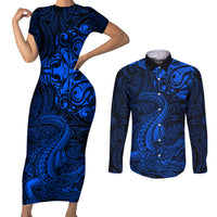 New Zealand Crocodile Tattoo and Fern Couples Matching Short Sleeve Bodycon Dress and Long Sleeve Button Shirt Maori Pattern Blue Color