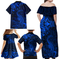 New Zealand Crocodile Tattoo and Fern Family Matching Off Shoulder Maxi Dress and Hawaiian Shirt Maori Pattern Blue Color LT03 - Polynesian Pride