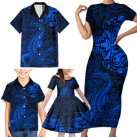 New Zealand Crocodile Tattoo and Fern Family Matching Short Sleeve Bodycon Dress and Hawaiian Shirt Maori Pattern Blue Color LT03 - Polynesian Pride