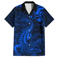 New Zealand Crocodile Tattoo and Fern Family Matching Summer Maxi Dress and Hawaiian Shirt Maori Pattern Blue Color LT03 Dad's Shirt - Short Sleeve Blue - Polynesian Pride
