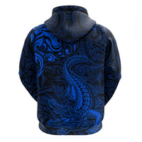 New Zealand Crocodile Tattoo and Fern Hoodie Maori Pattern Blue Color