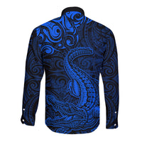 New Zealand Crocodile Tattoo and Fern Long Sleeve Button Shirt Maori Pattern Blue Color