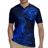 New Zealand Crocodile Tattoo and Fern Rugby Jersey Maori Pattern Blue Color