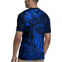 New Zealand Crocodile Tattoo and Fern Rugby Jersey Maori Pattern Blue Color