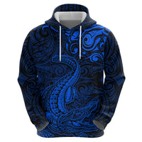 New Zealand Crocodile Tattoo and Fern Zip Hoodie Maori Pattern Blue Color