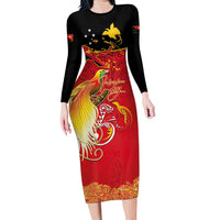 Papua New Guinea Independence Day Family Matching Long Sleeve Bodycon Dress and Hawaiian Shirt Happy Anniversary 50th Bird-of-paradise Melanesian Tattoos LT03 Mom's Dress Black - Polynesian Pride