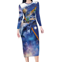 Marshall Islands Manit Day Family Matching Long Sleeve Bodycon Dress and Hawaiian Shirt Grunge National Flag with Whales and Tribal Tattoos - Polynesian Pride