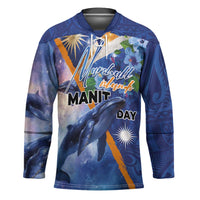 Marshall Islands Manit Day Hockey Jersey Grunge National Flag with Whales and Tribal Tattoos - Polynesian Pride