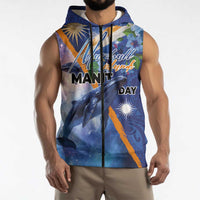 Marshall Islands Manit Day Sleeveless Zip Hoodie Grunge National Flag with Whales and Tribal Tattoos - Polynesian Pride