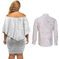 Samoan Culture-Lotu Tamaiti Couples Matching Off Shoulder Short Dress and Long Sleeve Button Shirt Siapo and Polynesian Art Tattoos - Polynesian Pride