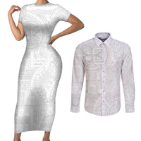 Samoan Culture-Lotu Tamaiti Couples Matching Short Sleeve Bodycon Dress and Long Sleeve Button Shirt Siapo and Polynesian Art Tattoos LT03 White - Polynesian Pride