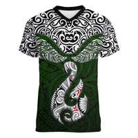 Custom Aotearoa New Zealand Women V Neck T Shirt Silver Fern and Matau with Maori Tribal Green Style LT03 Female Green - Polynesian Pride
