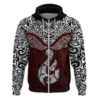 Custom Aotearoa New Zealand Hoodie Silver Fern and Matau with Maori Tribal Red Style LT03 Zip Hoodie Red - Polynesian Pride