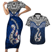 Custom Aotearoa New Zealand Couples Matching Short Sleeve Bodycon Dress and Hawaiian Shirt Silver Fern and Matau with Maori Tribal Blue Style LT03 Blue - Polynesian Pride