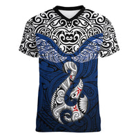Custom Aotearoa New Zealand Women V Neck T Shirt Silver Fern and Matau with Maori Tribal Blue Style LT03 Female Blue - Polynesian Pride