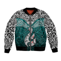 Aotearoa New Zealand Bomber Jacket Silver Fern and Matau with Maori Tribal Turquoise Style LT03 Unisex Turquoise - Polynesian Pride