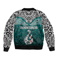 Aotearoa New Zealand Sleeve Zip Bomber Jacket Silver Fern and Matau with Maori Tribal Turquoise Style LT03 - Polynesian Pride
