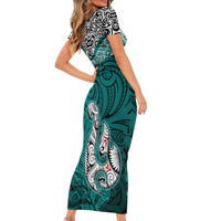 Custom Aotearoa New Zealand Short Sleeve Bodycon Dress Silver Fern and Matau with Maori Tribal Turquoise Style LT03 - Polynesian Pride