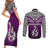 Custom Aotearoa New Zealand Couples Matching Short Sleeve Bodycon Dress and Long Sleeve Button Shirts Silver Fern and Matau with Maori Tribal Pink Style LT03 - Polynesian Pride