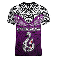 Custom Aotearoa New Zealand Women V Neck T Shirt Silver Fern and Matau with Maori Tribal Pink Style LT03 - Polynesian Pride