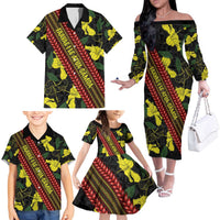 Samoan Culture Family Matching Off The Shoulder Long Sleeve Dress and Hawaiian Shirt Hibiscus and Ula Fala with Tapa Pattern Black Color LT03 - Polynesian Pride