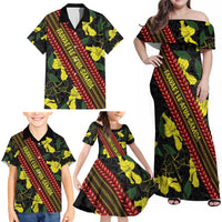 Samoan Culture Family Matching Off Shoulder Maxi Dress and Hawaiian Shirt Hibiscus and Ula Fala with Tapa Pattern Black Color LT03 - Polynesian Pride