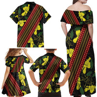 Samoan Culture Family Matching Off Shoulder Maxi Dress and Hawaiian Shirt Hibiscus and Ula Fala with Tapa Pattern Black Color LT03 - Polynesian Pride