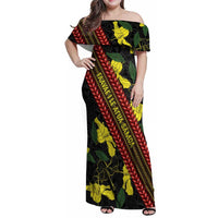Samoan Culture Family Matching Off Shoulder Maxi Dress and Hawaiian Shirt Hibiscus and Ula Fala with Tapa Pattern Black Color LT03 Mom's Dress Black - Polynesian Pride
