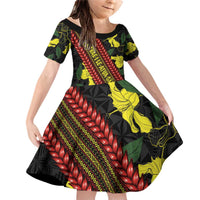 Samoan Culture Family Matching Off Shoulder Short Dress and Hawaiian Shirt Hibiscus and Ula Fala with Tapa Pattern Black Color LT03 Daughter's Dress Black - Polynesian Pride