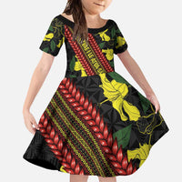 Samoan Culture Family Matching Summer Maxi Dress and Hawaiian Shirt Hibiscus and Ula Fala with Tapa Pattern Black Color LT03 Daughter's Dress Black - Polynesian Pride