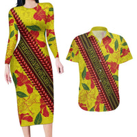Samoan Culture Couples Matching Long Sleeve Bodycon Dress and Hawaiian Shirt Hibiscus and Ula Fala with Tapa Pattern YellowColor LT03 Yellow - Polynesian Pride