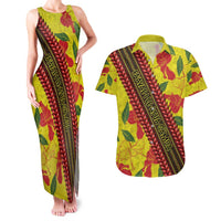 Samoan Culture Couples Matching Tank Maxi Dress and Hawaiian Shirt Hibiscus and Ula Fala with Tapa Pattern YellowColor LT03 Yellow - Polynesian Pride