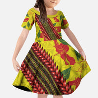 Samoan Culture Family Matching Off The Shoulder Long Sleeve Dress and Hawaiian Shirt Hibiscus and Ula Fala with Tapa Pattern YellowColor LT03 Daughter's Dress Yellow - Polynesian Pride