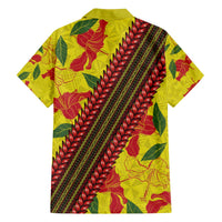 Samoan Culture Family Matching Off The Shoulder Long Sleeve Dress and Hawaiian Shirt Hibiscus and Ula Fala with Tapa Pattern YellowColor LT03 - Polynesian Pride