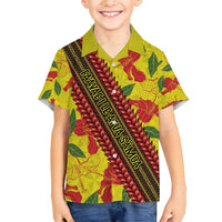 Samoan Culture Family Matching Off Shoulder Maxi Dress and Hawaiian Shirt Hibiscus and Ula Fala with Tapa Pattern YellowColor LT03 Son's Shirt Yellow - Polynesian Pride