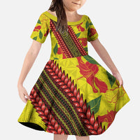 Samoan Culture Family Matching Short Sleeve Bodycon Dress and Hawaiian Shirt Hibiscus and Ula Fala with Tapa Pattern YellowColor LT03 Daughter's Dress Yellow - Polynesian Pride