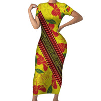 Samoan Culture Family Matching Short Sleeve Bodycon Dress and Hawaiian Shirt Hibiscus and Ula Fala with Tapa Pattern YellowColor LT03 Mom's Dress Yellow - Polynesian Pride