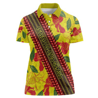 Samoan Culture Women Polo Shirt Hibiscus and Ula Fala with Tapa Pattern YellowColor LT03 Female Yellow - Polynesian Pride