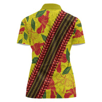 Samoan Culture Women Polo Shirt Hibiscus and Ula Fala with Tapa Pattern YellowColor LT03 - Polynesian Pride
