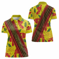 Samoan Culture Women Polo Shirt Hibiscus and Ula Fala with Tapa Pattern YellowColor LT03 - Polynesian Pride