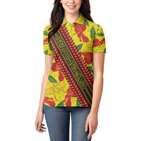 Samoan Culture Women Polo Shirt Hibiscus and Ula Fala with Tapa Pattern YellowColor LT03 - Polynesian Pride