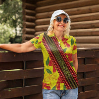 Samoan Culture Women Polo Shirt Hibiscus and Ula Fala with Tapa Pattern YellowColor LT03 - Polynesian Pride