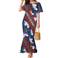Samoan Culture Family Matching Mermaid Dress and Hawaiian Shirt Hibiscus and Ula Fala with Tapa Pattern Blue Color LT03 Mom's Dress Blue - Polynesian Pride
