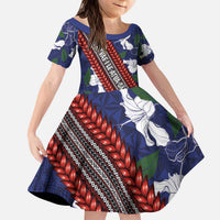 Samoan Culture Family Matching Puletasi and Hawaiian Shirt Hibiscus and Ula Fala with Tapa Pattern Blue Color LT03 Daughter's Dress Blue - Polynesian Pride
